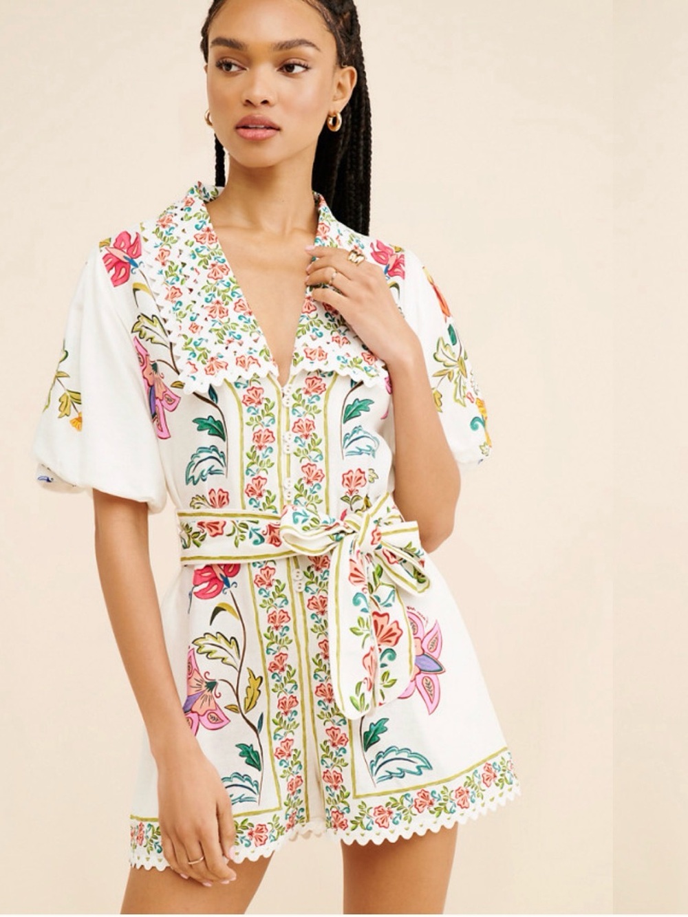 FARM Rio White Floral Embroidered Short Jumpsuit